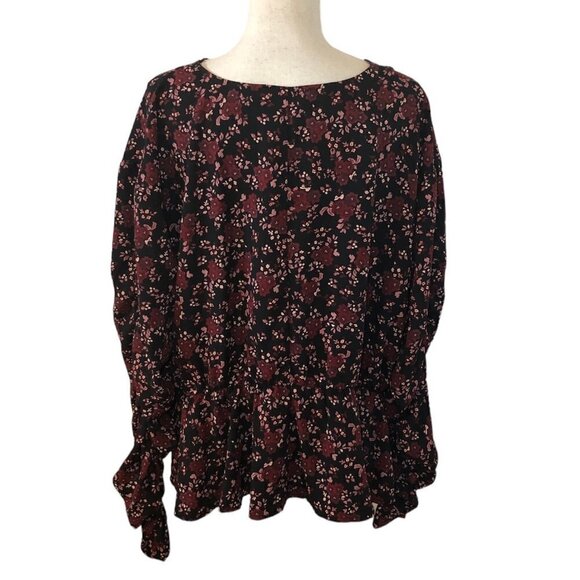 ELOQUII ELEMENTS Peplum Blouse Women's Size 22 Pink Black Floral Faux Wrap - Picture 3 of 11